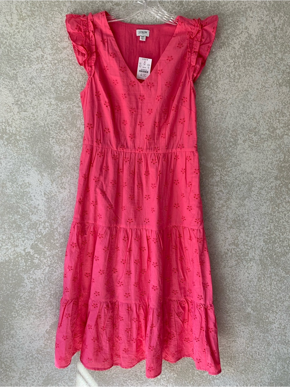 J. Crew Pink Eyelet Tiered Dress with Ruffle Sleeves Size 6P NWT Cotton Vacation
